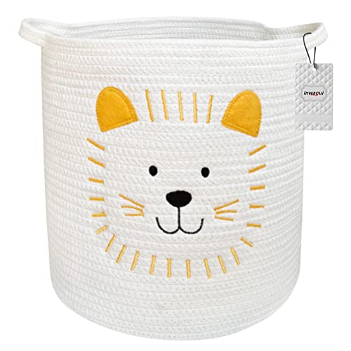 Inwagui Baumwollseilkorb Baby Wäschekorb Geflochten Aufbewahrungskorb mit Griffen für Kleidung, Spielzeug, Kinderzimmer - Weiß/Löwe von Inwagui