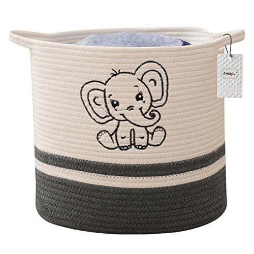 Inwagui Elefant Baumwollseilkorb Baby Wäschekorb Groß Geflochten Aufbewahrungskorb mit Griffen für Kleidung, Spielzeug, Kinderzimmer - Schwarz & Weiß von Inwagui
