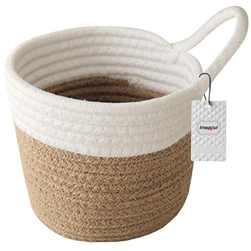 Inwagui Hängende Baumwollseilkörbe Kleiner gewebter Aufbewahrungskorb Organizer Dekorativer Korb für Schlafzimmer Badezimmer Büro, 16 * 14cm, Weiß&Jute von Inwagui