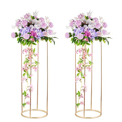 Blumenständer Gold Hochzeit Tafelaufsätze für Tische - Inweder 2 Stück Runde Blumensäule 100cm Hoch Bodenvase mit Metall Platte Zylinder Goldvasen Pflanzenständer für Party Wohnzimmer Home Decor von Inweder