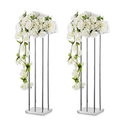 Inweder Blumenständer Hochzeit Tisch Dekoration - 2 Stück Silber Blumenvasen 80cm Hoch Pflanzenständer Rack Bodenvase aus Metall 2-Stöckiger Blumenständer für Partei Bühnen Wohnzimmer Deko von Inweder