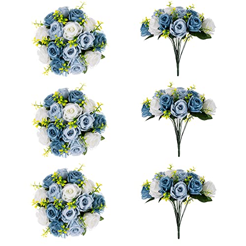 Inweder Brautstrauß Blumenstrauß Kunstblumen Weiß&Blau - 6 Pcs Künstliche Blumen Rosen Künstlich Gefälschter Blumenkugel Plastik Kunstrosen Fake Seidenblumen for Tischdeko Hochzeit Blumen Deko von Inweder