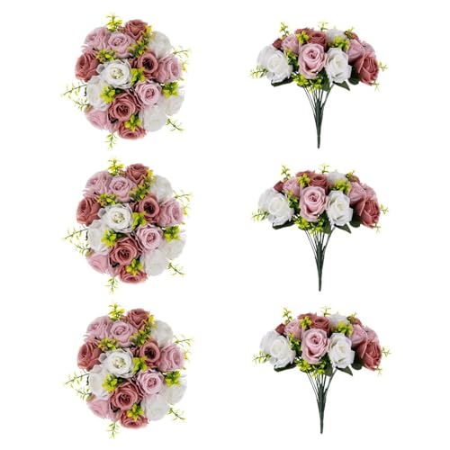 Inweder Brautstrauß Blumenstrauß Kunstblumen Weiß&Rosa - 6 Pcs Künstliche Blumen Rosen Künstlich Gefälschter Blumenkugel Plastik Kunstrosen Fake Seidenblumen for Tischdeko Hochzeit Blumen Deko von Inweder