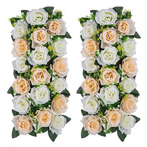 Inweder Champagner Kunstblumen für Hochzeitsdeko Tisch - 2 Pcs Künstliche Blumen für Hochzeit Fake Flowers Tischdeko Rosen Blumen mit Kunststoff-Basis Seidenblumen für Läufer Tisch Home Deko von Inweder