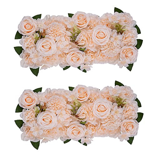 Inweder Champagner Rosen Künstliche Blumen für Dekoration 2Pcs Blumen Panels für Tisch Dekorative Blumenarrangements mit Kunststoff-Basis Seidenblumen für Hochzeit Empfang Tisch Läufer Home Deko von Inweder