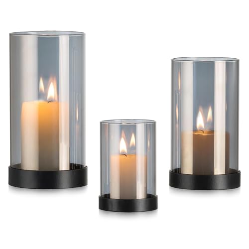 Inweder Glaszylinder Windlichter Kerzenständer für Kleine Stumpenkerzen: 3er Set Windlicht Schwarz Outdoor Tischdeko Kerzenhalter Modern Weihnachten Deko Glas Windlichter Teelicht Kamin Wohnzimmer von Inweder
