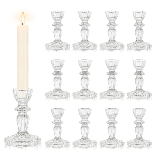 Inweder Glas Kerzenständer Vintage Kerzenhalter Stabkerze: 12 Stück Klar Stabkerzenhalter Kristall Kerzenständer Stabkerzen für Hochzeit Weihnachten Geschenk oder Heimdekoration von Inweder