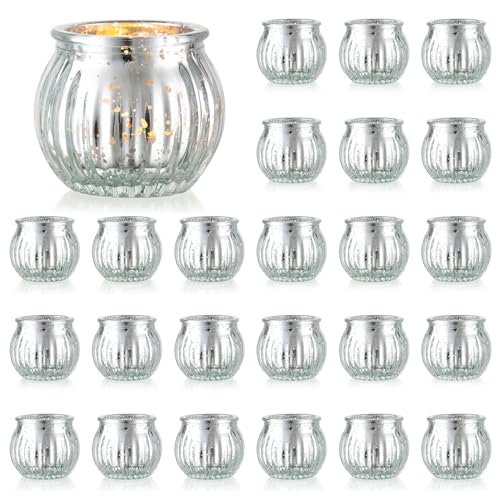 Inweder Glas Kerzenständer Votivkerzenhalter für Teelichter Kerzen - 24er Silber Vintage Teelichthalter Set für Hochzeit Tischdeko - Kleine Dekorative Teelicht Kerzenhalter für Weihnachten Heimdeko von Inweder
