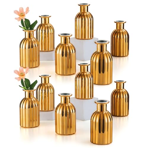 Inweder Glasvase für Weihnachten Tischdeko - Satz von 12 Kleinen Blumenvasen Vintage Gerippte Knospe Vase Glas Gold Glasflaschen Hochzeitsdeko Tisch Pflanze Propagation Station Raumdeko Wohnzimmer von Inweder