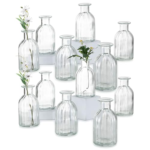 Inweder Glasvase für Weihnachten Tischdeko - Satz von 12 Kleinen Blumenvasen Vintage Gerippte Knospe Vase Glas Klar Glasflaschen Hochzeitsdeko Tisch Pflanze Propagation Station Raumdeko Wohnzimmer von Inweder