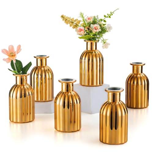 Inweder Glasvase für Weihnachten Tischdeko - Satz von 6 Kleinen Blumenvasen Vintage Gerippte Knospe Vase Glas Gold Glasflaschen Hochzeitsdeko Tisch Pflanze Propagation Station Raumdeko Wohnzimmer von Inweder