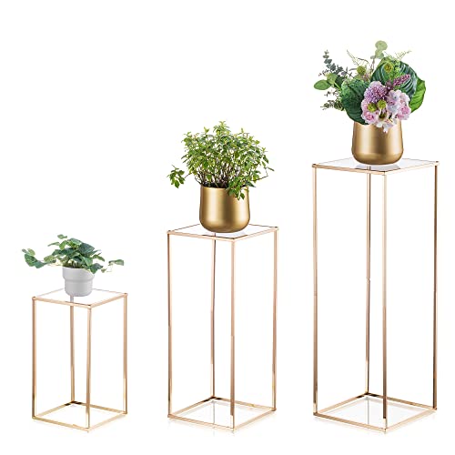 Inweder Gold Blumenständer Hochzeit Deko - 3 Stück Metall Vase mit Acrylplatte Hoher BodenVasen Rechteckige Vasen Pflanzenständer Geometrische Blumenregale für Tisch Mittelstücke Wohnzimmer 40+80+60cm von Inweder