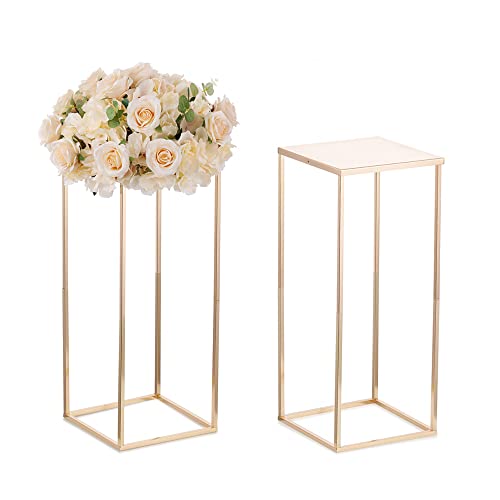 Inweder Gold Blumenständer Hochzeits Mittelstücke - 2 Stück Säulenvasen mit Metall Platte 60cm Hohe Bodenvase Geometrischer Goldvasen für Tischdeko Hochzeit Party Deko Wohnzimmer von Inweder