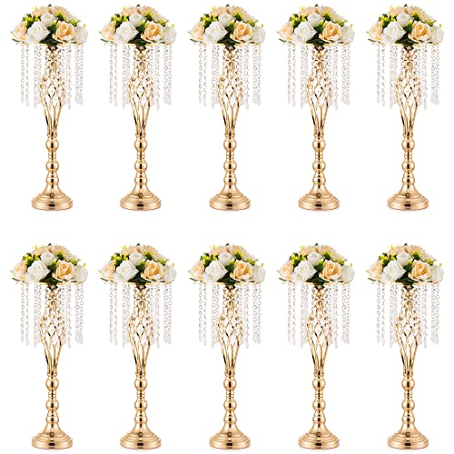 Inweder Gold Vasen für Hochzeitsdeko Tischdekoration - 10Stück Vase für Tafelaufsätze mit Kronleuchter Kristallen 55cm Hohe Blumenvase Hochzeit Metall Blumenständer für Geburtstag Heimdekoration von Inweder