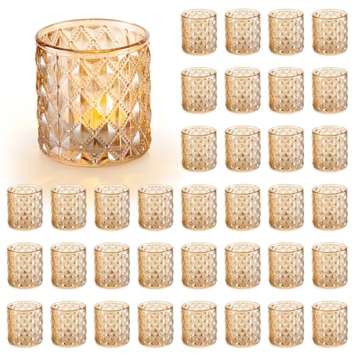 Inweder Gold Votivkerzenhalter 36pcs Glas Teelichthalter Klarglas Zylinder Kerzenhalter für Stumpenkerzen Teelichthalter Bulk für Hochzeit Veranstaltung Baby-Dusche Heimdekoration von Inweder