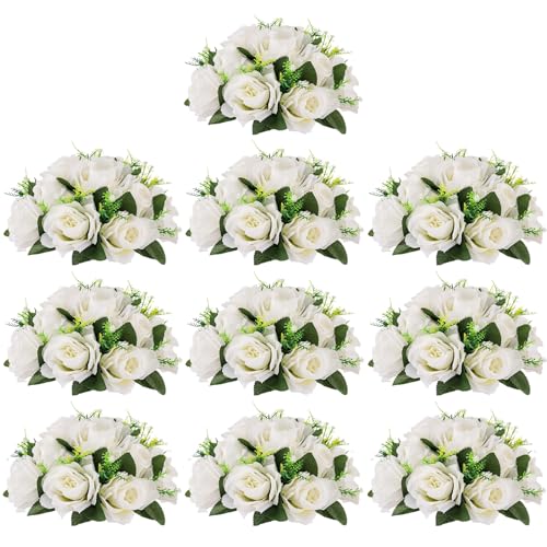 Inweder Hochzeit Blume Kugeln für Herzstücke – 10 Stück Künstliche Blumenkugeln Arrangement Blumenstrauß Gefälschte Blumen Seide Rose Kugeln mit Basis für Raumdekoration Reines Weiß von Inweder