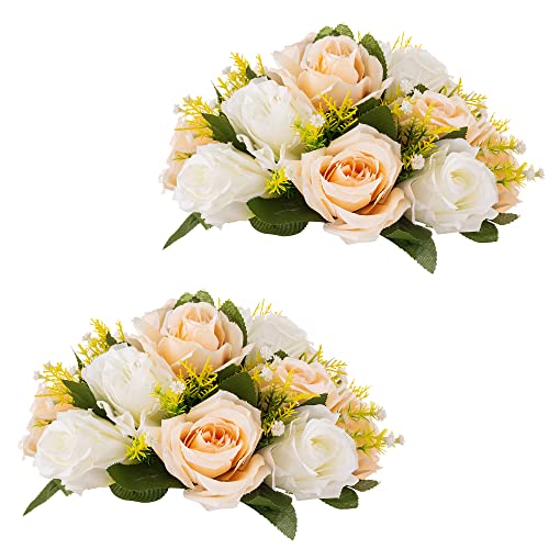 Inweder Hochzeit Blume Kugeln für Herzstücke – 2 Stück Künstliche Blumenkugeln Arrangement Blumenstrauß Gefälschte Blumen Seide Rose Kugeln mit Basis für Raumdekoration Champagner & Weiß von Inweder