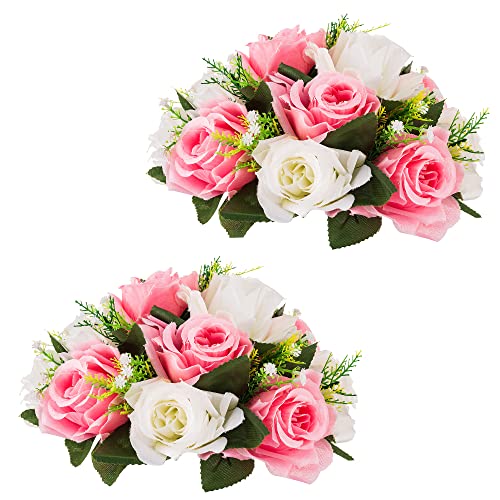 Inweder Hochzeit Blume Kugeln für Herzstücke – 2 Stück Künstliche Blumenkugeln Arrangement Blumenstrauß Gefälschte Blumen Seide Rose Kugeln mit Basis für Raumdekoration Rosa und Weiß von Inweder