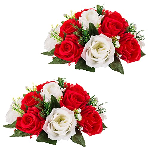 Inweder Hochzeit Blume Kugeln für Herzstücke – 2 Stück Künstliche Blumenkugeln Arrangement Blumenstrauß Gefälschte Blumen Seide Rose Kugeln mit Basis für Raumdekoration Rot & Weiß von Inweder