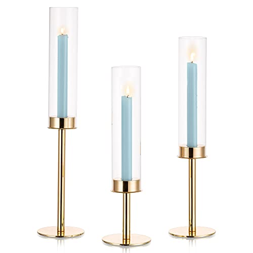 Inweder Kerzenständer Stabkerzen Kerzenhalter Gold - Satz von 3 Kerzenhalter Stabkerze mit Abnehmbarem Glas Windlicht Goldene Kerzenständer Kerzen Ständer Hochzeits Tischdeko Wohnzimmer Home Deko von Inweder