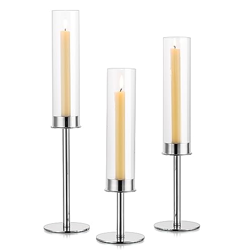 Inweder Kerzenständer Stabkerzen Kerzenhalter Silber - Satz von 3 Kerzenhalter Stabkerze mit Abnehmbarem Glas Windlicht Silberne Kerzenständer Kerzen Ständer Hochzeits Tischdeko Wohnzimmer Home Deko von Inweder