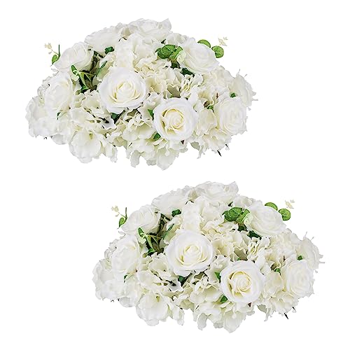 Inweder Künstliche Blume Kugeln für Tafelaufsätze - 2 Stück Künstliche Blumenkugeln Weiß Groß Künstliche Blumen Seide Rose und Hortensie mit Sockel für Hochzeit Tischdekoration Dekoration von Inweder