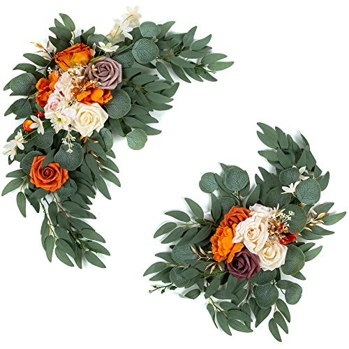 Inweder Künstliche Hochzeitsbogen Blumen Set - 2 Stück Orange Blume Swag für Willkommensschild Dekoration Rose Blume Kranz Traubogen für Hochzeit Zeremonie Empfang Tischdeko Blumengestecke Deko von Inweder