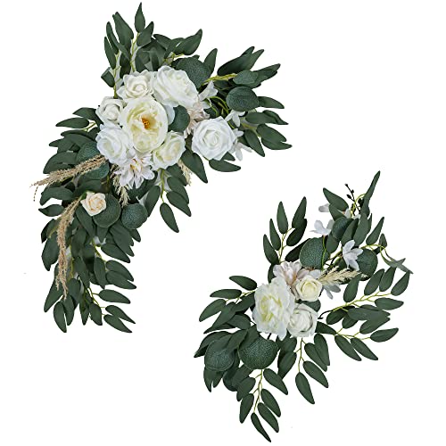 Inweder Künstliche Hochzeitsbogen Blumen Set - 2 Stück Weiß Blume Swag für Willkommensschild Dekoration Rose Blume Kranz Traubogen für Hochzeit Zeremonie Empfang Tischdeko Blumengestecke Deko von Inweder