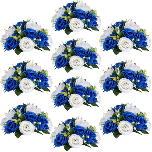 Inweder Künstliche Rosen Blumen für Tischdeko Hochzeit: 10 Pcs Königsblau Weiß Kunstblumen Blumenkugeln Blumenarrangements Dekorative Künstliche Blumensträuße Fake Blumen Deko Tafelaufsatz für Party von Inweder