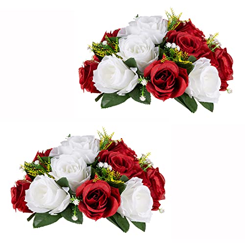 Inweder Künstliche Rosen Blumen für Tischdeko Hochzeit: 2 Pcs Karminrot&Weiß Kunstblumen Blumenkugeln Blumenarrangements Dekorative Künstliche Blumensträuße Fake Blumen Deko Tafelaufsatz für Party von Inweder