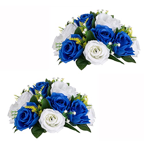 Inweder Künstliche Rosen Blumen für Tischdeko Hochzeit: 2 Pcs Königsblau Weiß Kunstblumen Blumenkugeln Blumenarrangements Dekorative Künstliche Blumensträuße Fake Blumen Deko Tafelaufsatz für Party von Inweder
