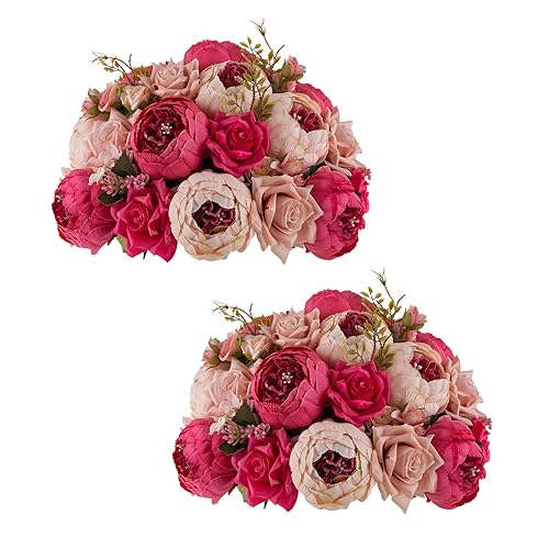 Inweder Pfingstrose Blumen Hochzeit Tischdeko - 2 Pcs Rosarot Faux Rose mit Schaum Basis Große Künstliche Blumenstrauß Blumengesteck Hochzeit Tafelaufsätze für Tisch Seide Rosen Home Deko von Inweder