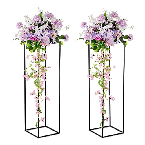 Inweder Schwarz Blumenständer Hochzeits Mittelstücke - 2 Stück Säulenvasen mit Metall Platte 100cm Hohe Bodenvase Geometrischer Schwarzvasen für Tischdeko Hochzeit Party Deko Wohnzimmer von Inweder