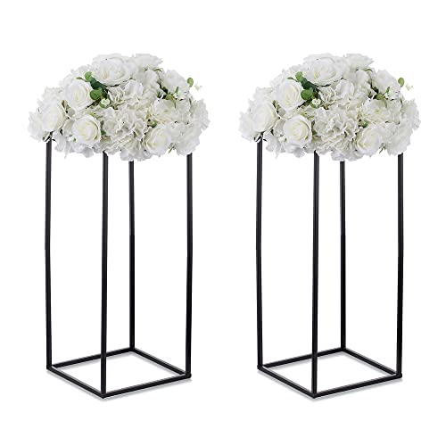 Inweder Schwarz Blumenständer Hochzeits Mittelstücke - 2 Stück Säulenvasen mit Metall Platte 60cm Hohe Bodenvase Geometrischer Schwarzvasen für Tischdeko Hochzeit Party Deko Wohnzimmer von Inweder