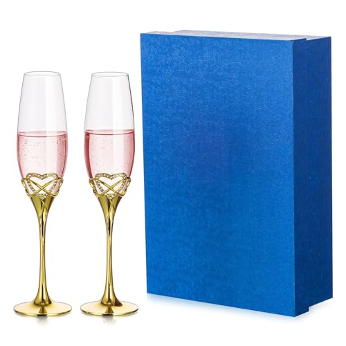 Inweder Sektgläser Champagner Gläser Hochzeit Geschenk Set mit 2 Gold Weingläs Trinkgläser mit Geschenkbox Geburtstag Jubiläum Brautjungfer Verlobungsgeschenke für Paare Braut Bräutigam von Inweder