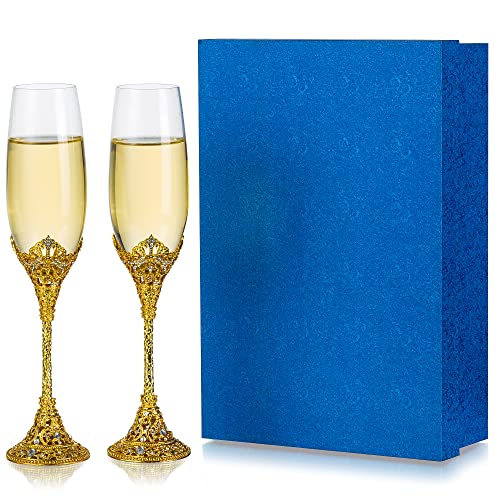 Inweder Sektgläser Gold Champagner Gläser - 2er Set Champagnergläser Kreativer Metallsockel mit Kristallen Personalisierte Weingläser Verlobung Hochzeits Geschenke für Braut Bräutigam Jahrestag von Inweder