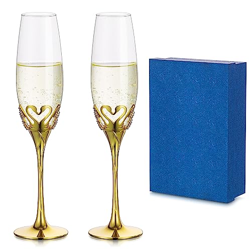 Inweder Sektgläser Gold Champagner Gläser: 2er Set Kristallen Champagnergläser Weingläs Trinkgläser mit Geschenkbox für Hochzeit Geschenk Geburtstag Jubiläum Brautjungfer Paare Braut Bräutigam von Inweder