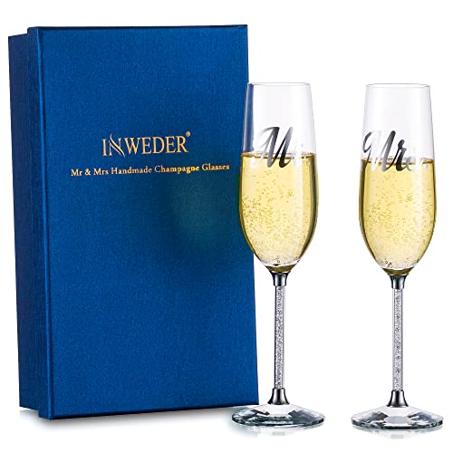 Inweder Sektgläser Weingläser Trinkgläser Kristall – 2er-set Silber Personalisiertes Champagner Gläser mit Geschenkbox Mr&Mrs Rotweingläser für Hochzeit Geburtstag Braut Bräutigam Geschenk von Inweder