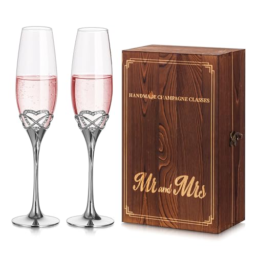 Inweder Sektgläser mit Gravur Holz Geschenk Box 2Pcs Silber Champagner Gläser Weingläs Trinkgläser für Geburtstag Geschenk Hochzeit für Brautpaar Jubiläum Brautjungfer Verlobungs Geschenke von Inweder