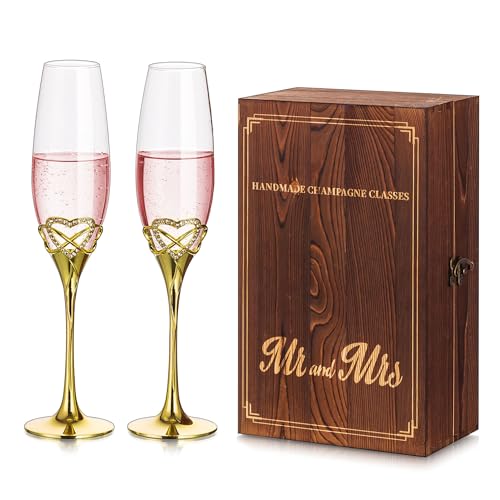 Inweder Sektgläser mit Gravur Holz Geschenk Box Set mit 2 Gold Champagner Gläser Weingläs Trinkgläser für Geburtstag Geschenk Hochzeit für Brautpaar Jubiläum Brautjungfer Verlobungs Geschenke von Inweder