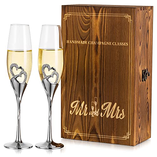 Inweder Sektgläser mit Gravur Holz Geschenk Box - Set mit 2 Silber Champagner Gläser Geschenk Hochzeit für Brautpaar Weingläs Trinkgläser Geburtstag Jubiläum Brautjungfer Verlobungs Geschenke von Inweder