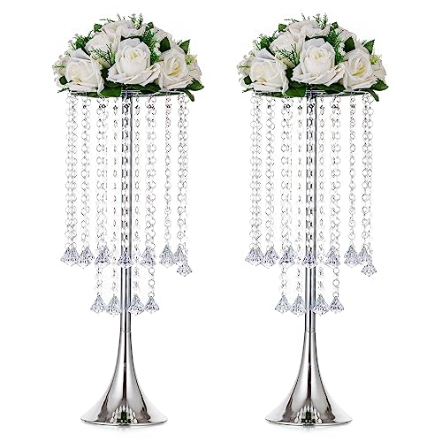 Inweder Silber Vase Tafelaufsätze Tischdeko - 2 Stück Metall Blumenständer für Hochzeit mit Kronleuchter Kristall 55cm Hohe Vasen für Tafelaufsatz Tisch Deko Empfang Vasen für Party Wohnkultur von Inweder