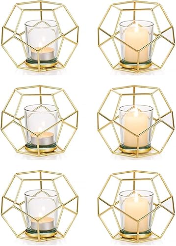 Inweder Teelichthalter Gold Kerzenständer Stumpenkerzen: 6 Stück Metall Windlicht mit Teelichtgläser Geometrische Kerzenhalter für Stumpenkerzen Deko Wohnzimmer Modern Esstisch Hochzeit Tischdeko von Inweder