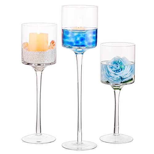 Inweder Teelichthalter Kerzenständer Glas Klar: 3 Stück Kerzenhalter Stumpenkerzen für Teelichter/Schwimmkerzen 25/30/35cm Hoch Teelichtgläser für Weihnachts Hochzeit Tischdeko Wohnzimmer Deko von Inweder