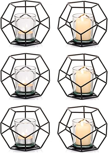 Inweder Teelichthalter Schwarz Kerzenständer Stumpenkerzen - 6 Stück Metall Windlicht mit Teelichtgläser Geometrische Kerzenhalter Stumpenkerzen Deko Wohnzimmer Modern Esstisch Hochzeit Tischdeko von Inweder