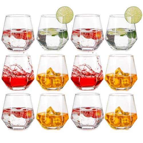 Inweder Trinkgläser 12er Set - Stiellose Weingläser Au Wodka Gläser Old Fashioned Whiskey Gläser Kraken Rum Glas Geometrische Whisky Tumbler Geschenkset für Männer Geburtstag Vatertag Jahrestag von Inweder