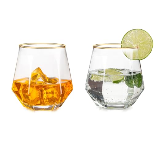 Inweder Trinkgläser 2er Set - Stiellose Weingläser Au Wodka Gläser Goldrand Whiskey Gläser Kraken Rum Glas Geometrische Whisky Tumbler Geschenkset für Männer Geburtstag Vatertag Jahrestag von Inweder