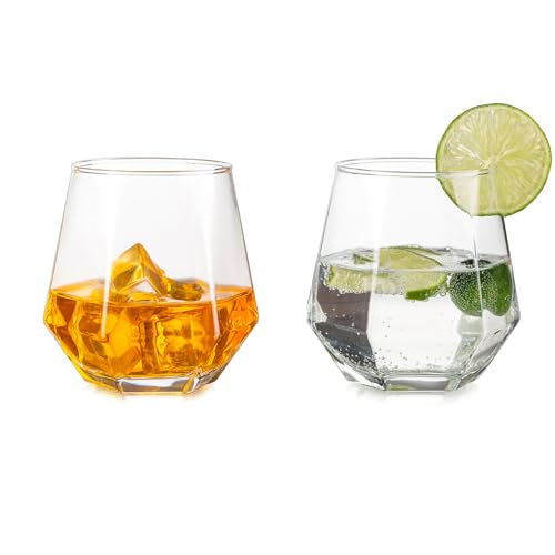 Inweder Trinkgläser 2er Set - Stiellose Weingläser Au Wodka Gläser Old Fashioned Whiskey Gläser Kraken Rum Glas Geometrische Whisky Tumbler Geschenkset für Männer Geburtstag Vatertag Jahrestag von Inweder