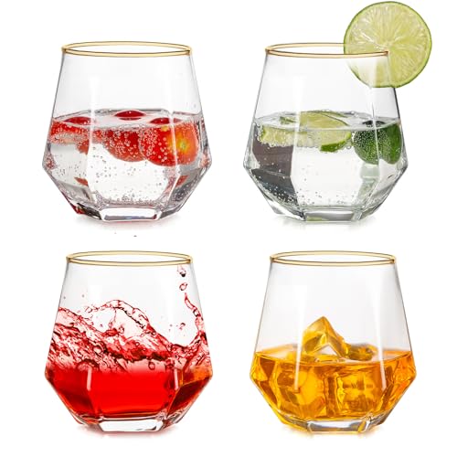 Inweder Trinkgläser 4er Set - Stiellose Weingläser Au Wodka Gläser Goldrand Whiskey Gläser Kraken Rum Glas Geometrische Whisky Tumbler Geschenkset für Männer Geburtstag Vatertag Jahrestag von Inweder