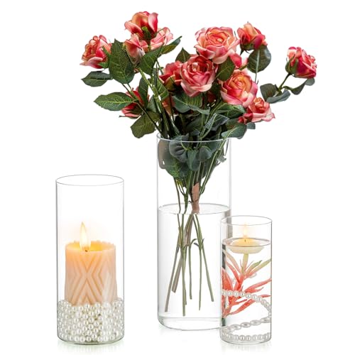 Inweder Vase Glas Zylinder Blumenvase - 3 Pcs Vasen Deko Klaren Glasvase für Hochzeit Tischdeko Windlicht Glas Kerzenständer Kerzenhalter für Stumpenkerzen Schwimmende Kerzen Wohnzimmer 15+20+25cm von Inweder